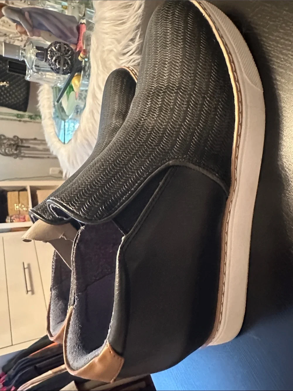 Dr. Scholl's Black Slip-On Wedges with Tan Accent